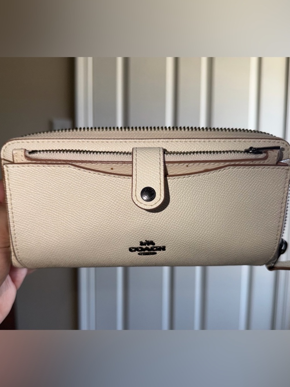 Coach Cream Pebbled Leather Snap Wallet with Silver Logo